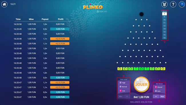 Explanation of Bet, Risk, Lines, and Bet Mode in Plinko