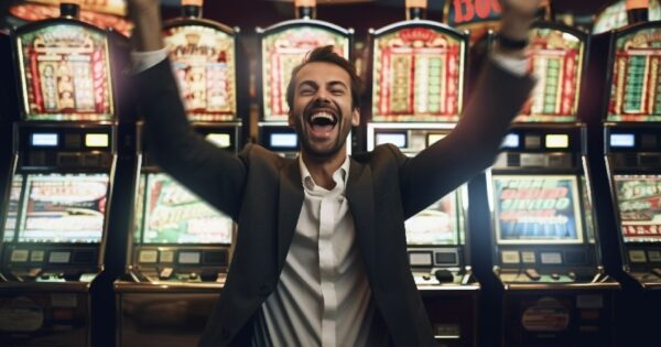 How can you win on slot machines? Man celebrates his victory in front of slot machines