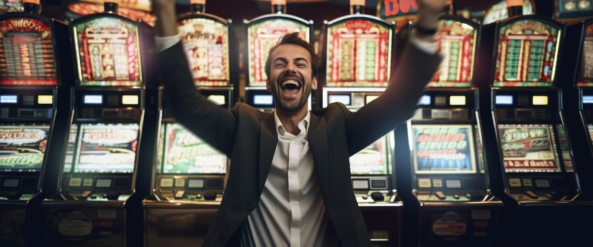 How can you win on slot machines? Man celebrates his victory in front of slot machines