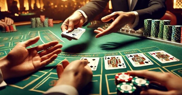 Baccarat online free: chips, cards, table, croupier, player.