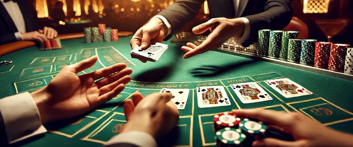 Baccarat online free: chips, cards, table, croupier, player.