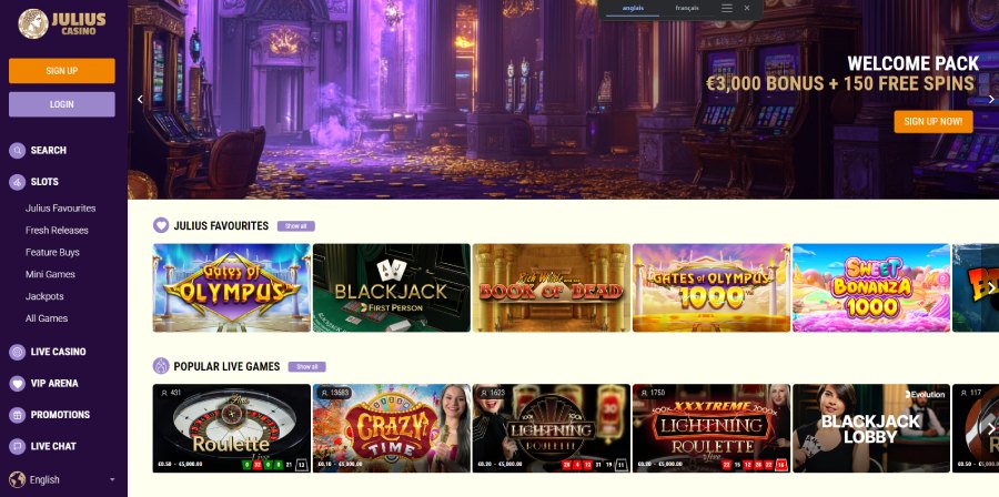 Julius Casino Home page