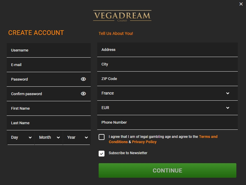 Register Vegadream Casino