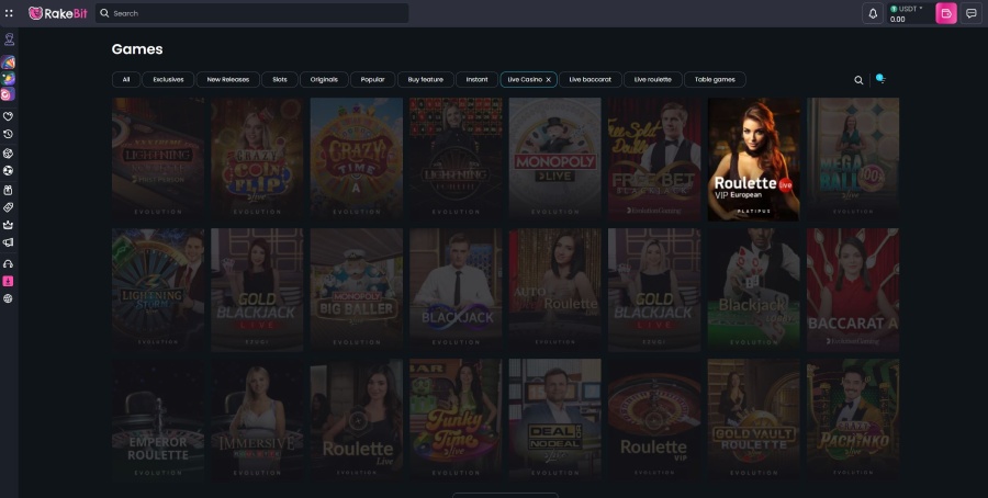 Rakebit online casino live casino overview