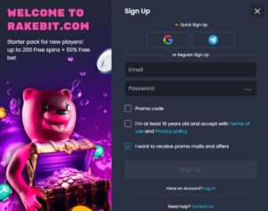 RakeBit casino registration page