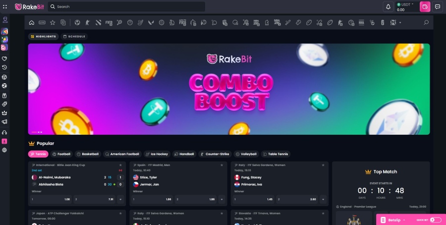 Overview of the Rakebit online casino sports page